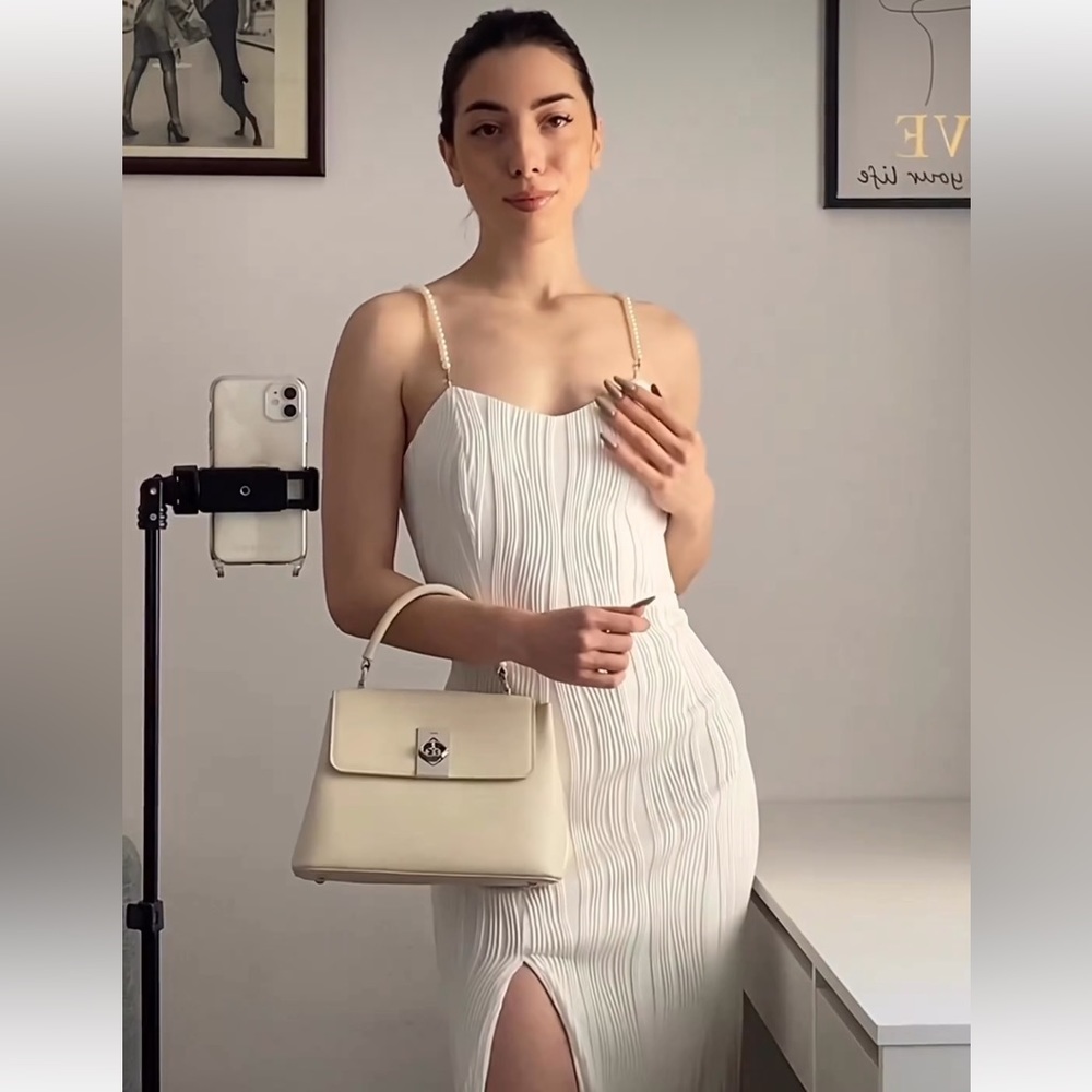 The Wave Textured Pearl Strap Midi Dress